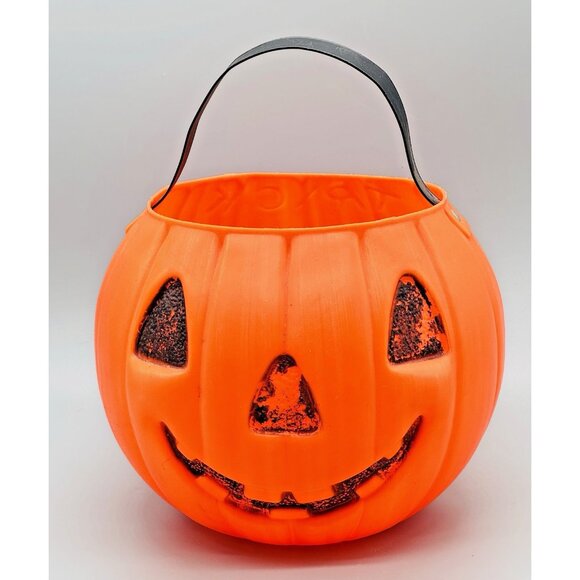 AJ Renzi Halloween Blow Mold Trick Or Treat Pumpkin Cat Bucket 2 Sided Vintage - Picture 1 of 10